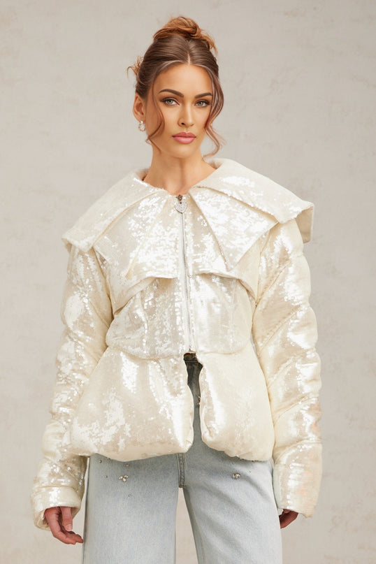 Kenzie Ivory White Sequin Down Sailor Collar Coat