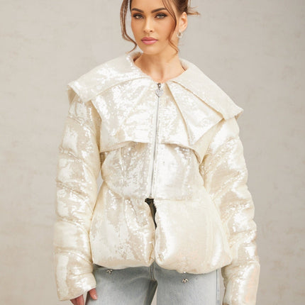 Kenzie Ivory White Sequin Down Sailor Collar Coat