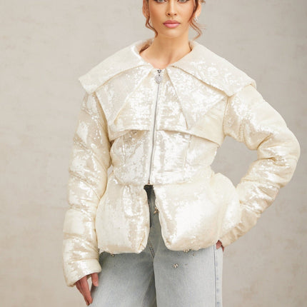 Kenzie Ivory White Sequin Down Sailor Collar Coat
