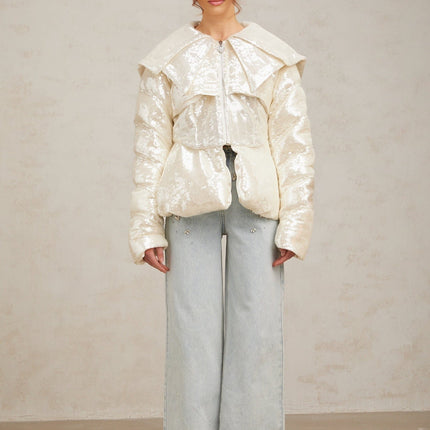 Kenzie Ivory White Sequin Down Sailor Collar Coat