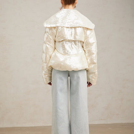 Kenzie Ivory White Sequin Down Sailor Collar Coat