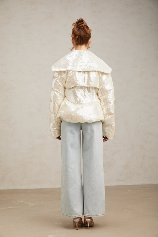 Kenzie Ivory White Sequin Down Sailor Collar Coat