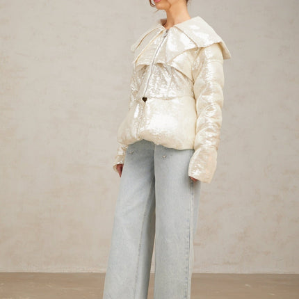 Kenzie Ivory White Sequin Down Sailor Collar Coat