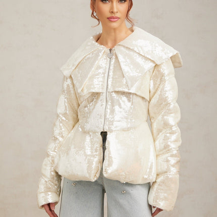 Kenzie Ivory White Sequin Down Sailor Collar Coat