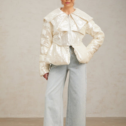 Kenzie Ivory White Sequin Down Sailor Collar Coat