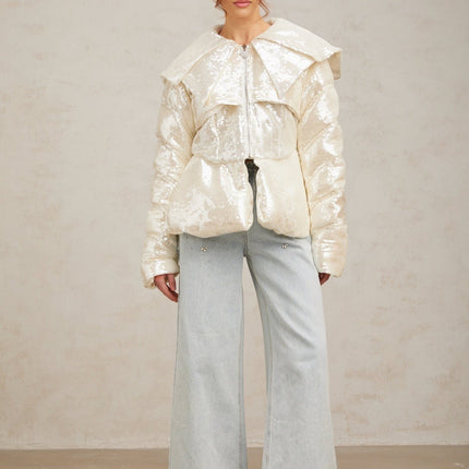 Kenzie Ivory White Sequin Down Sailor Collar Coat