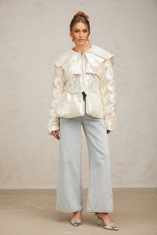 Kenzie Ivory White Sequin Down Sailor Collar Coat