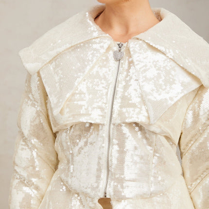 Kenzie Ivory White Sequin Down Sailor Collar Coat