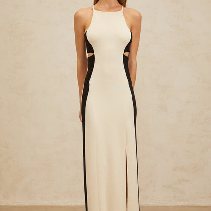 Kenzie White and Black Color Blocked Maxi Dress with Cut-Out Open Back and Front Slit