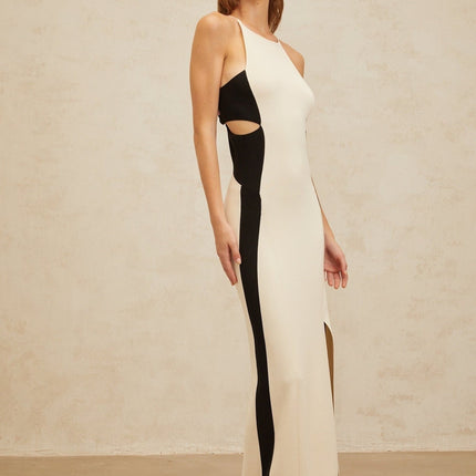 Kenzie White and Black Color Blocked Maxi Dress with Cut-Out Open Back and Front Slit