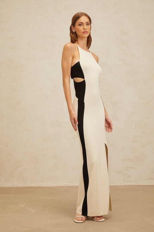 Kenzie White and Black Color Blocked Maxi Dress with Cut-Out Open Back and Front Slit