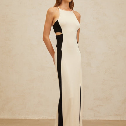 Kenzie White and Black Color Blocked Maxi Dress with Cut-Out Open Back and Front Slit