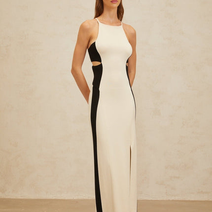 Kenzie White and Black Color Blocked Maxi Dress with Cut-Out Open Back and Front Slit