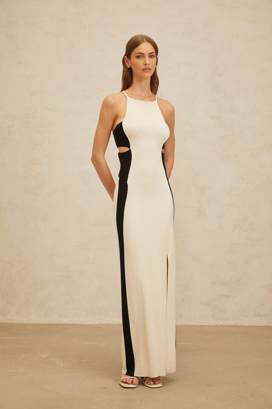 Kenzie White and Black Color Blocked Maxi Dress with Cut-Out Open Back and Front Slit