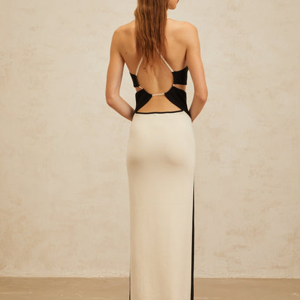 Kenzie White and Black Color Blocked Maxi Dress with Cut-Out Open Back and Front Slit