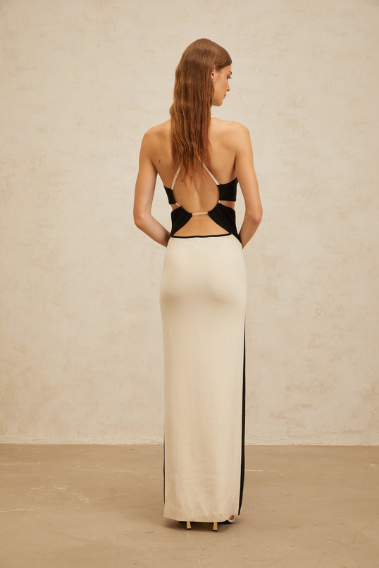 Kenzie White and Black Color Blocked Maxi Dress with Cut-Out Open Back and Front Slit