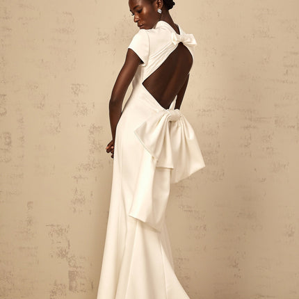 Kenzie White Maxi Dress with Mock Neck and Oversize Bow