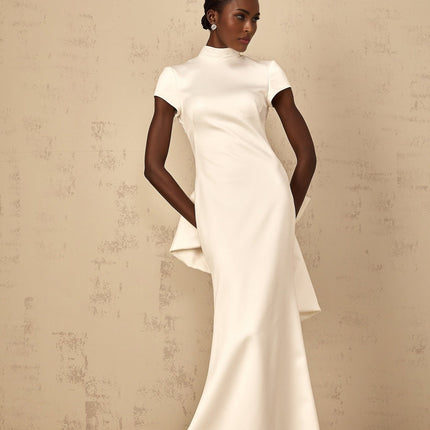 Kenzie White Maxi Dress with Mock Neck and Oversize Bow