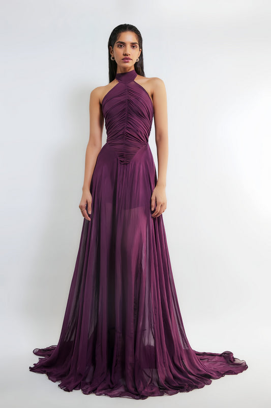 Kerstin Purple Train Design Ruched Maxi Dress
