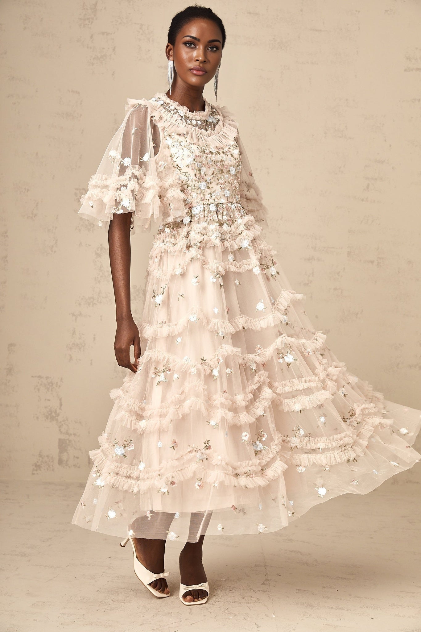 Kévina floralembroidered tiered ruffled midi dress