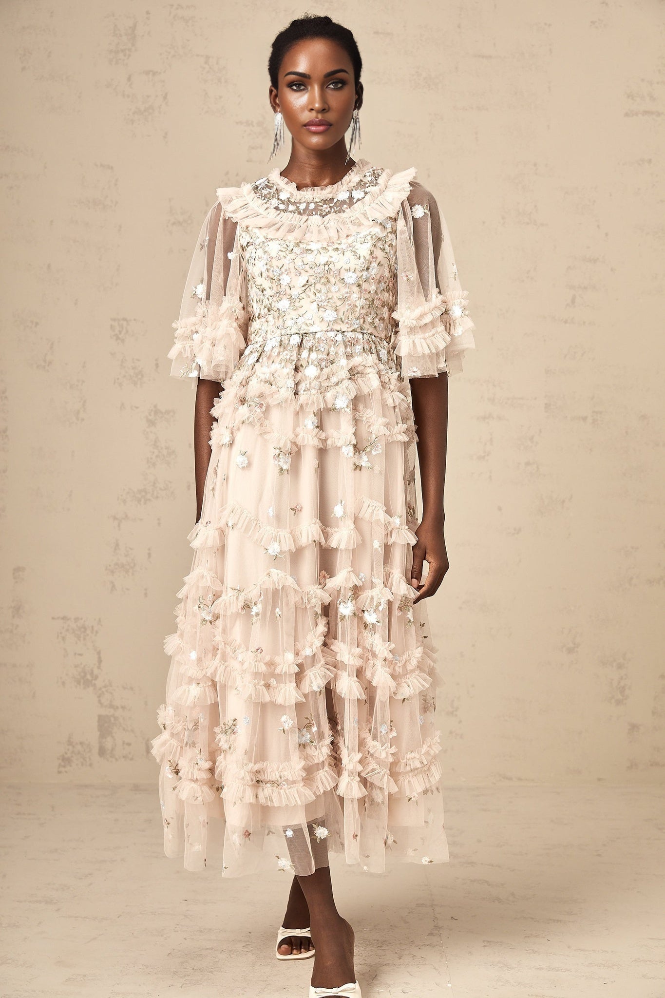 Kévina floralembroidered tiered ruffled midi dress