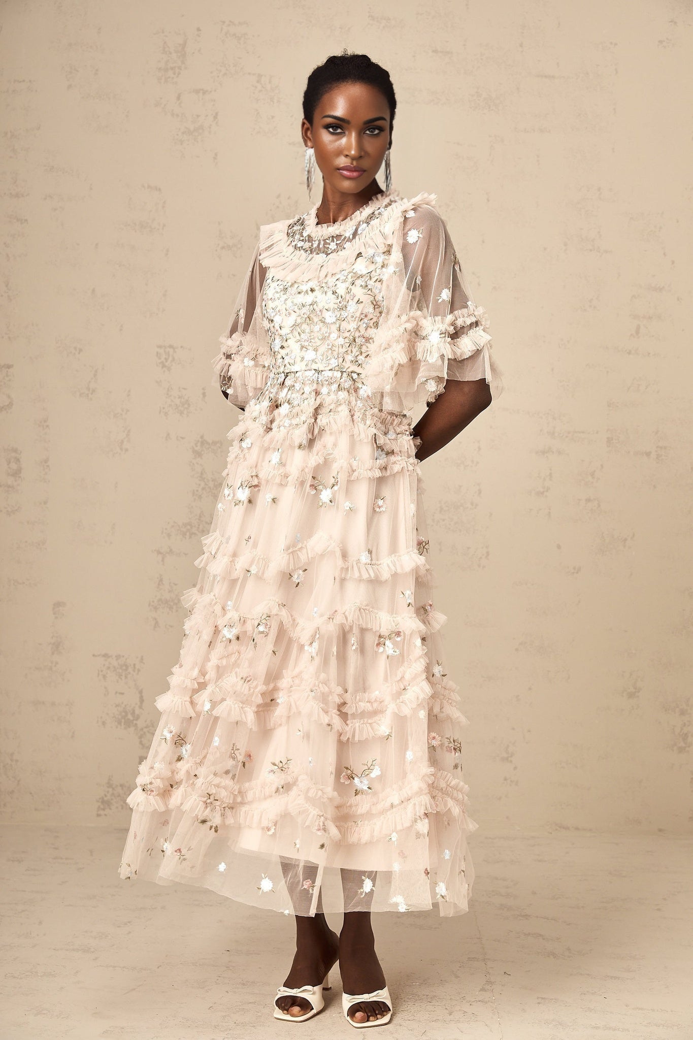 Kévina floralembroidered tiered ruffled midi dress