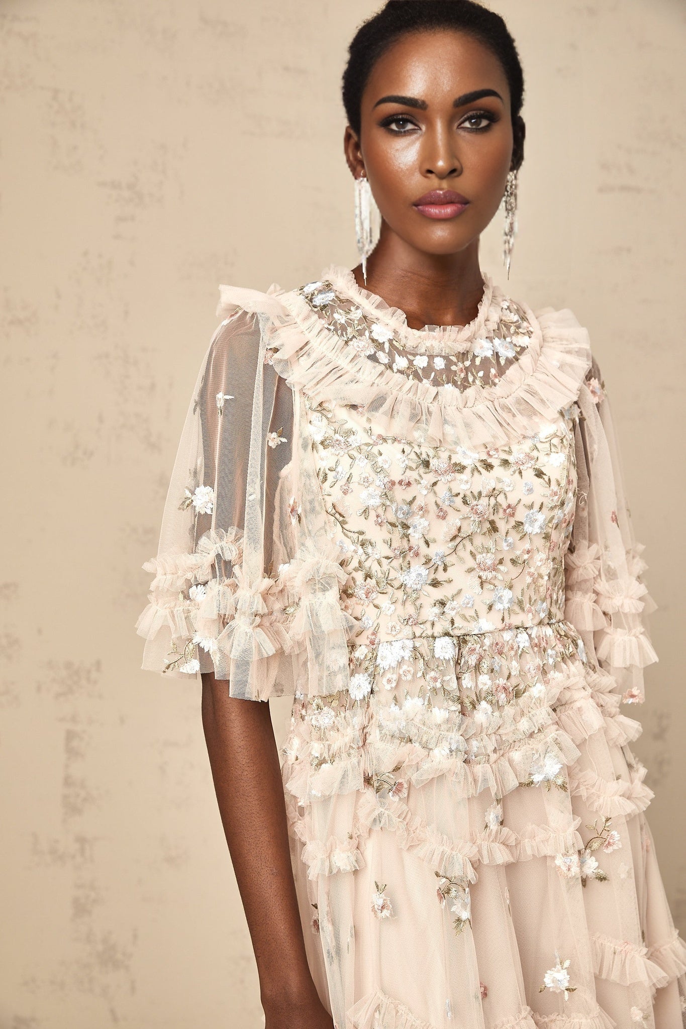 Kévina floralembroidered tiered ruffled midi dress