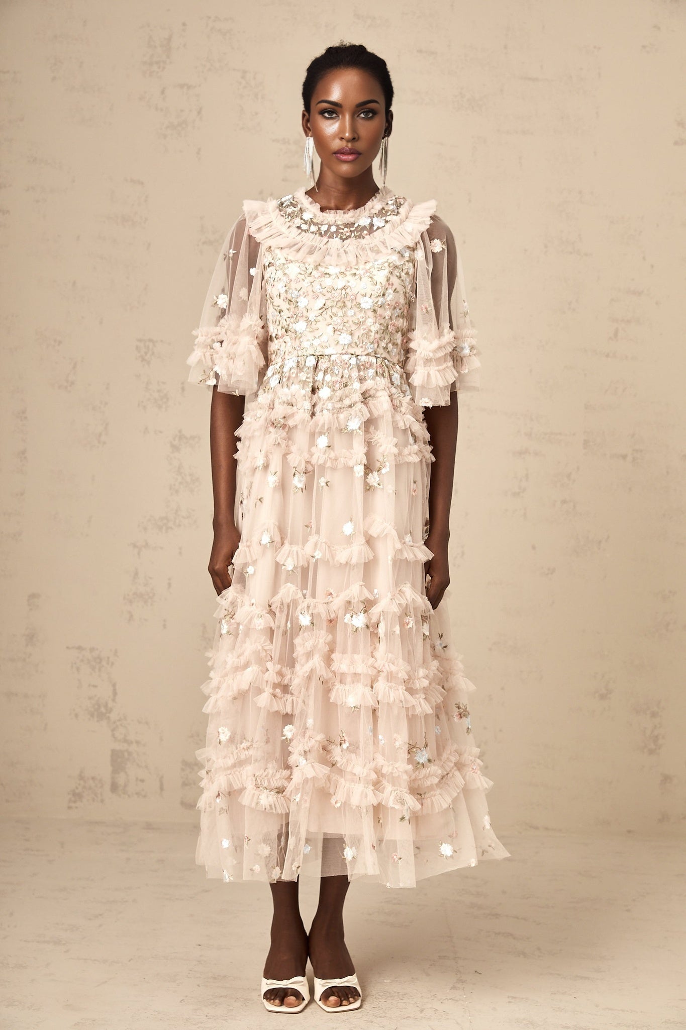 Kévina floralembroidered tiered ruffled midi dress