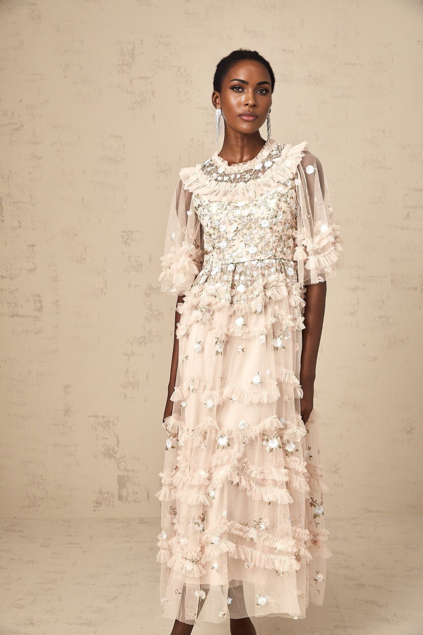 Kévina floralembroidered tiered ruffled midi dress