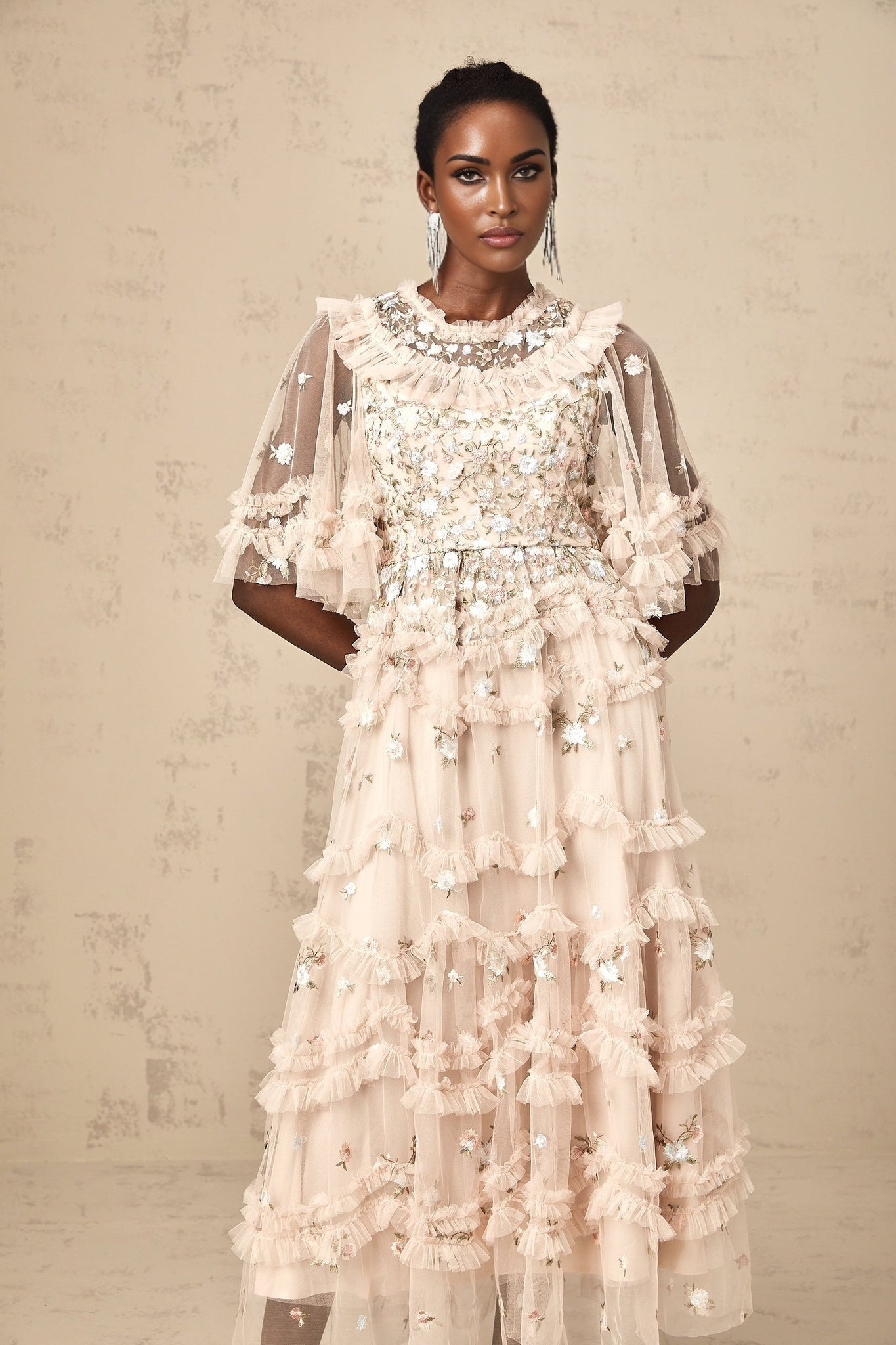 Kévina floralembroidered tiered ruffled midi dress