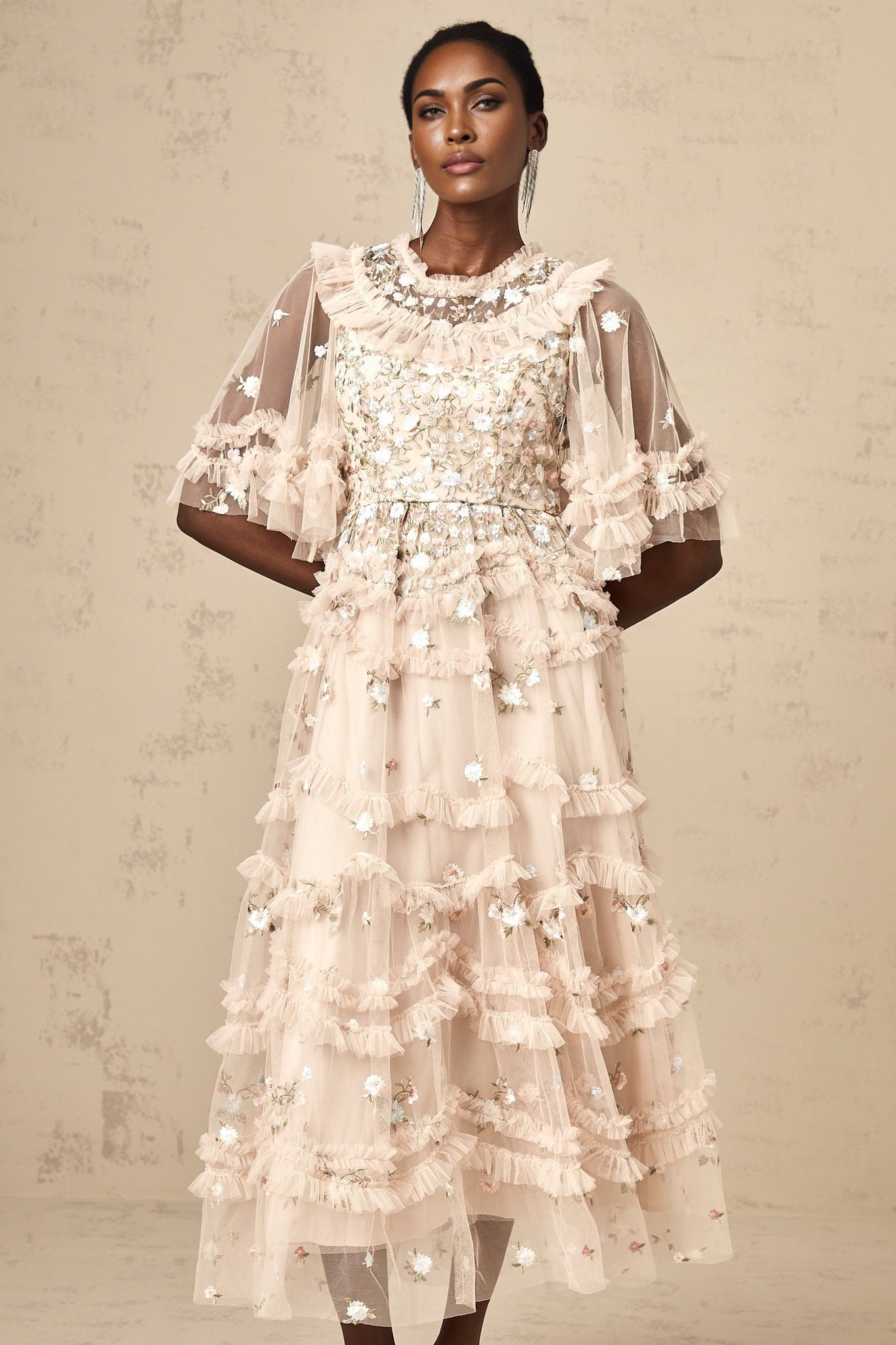 Kévina floralembroidered tiered ruffled midi dress