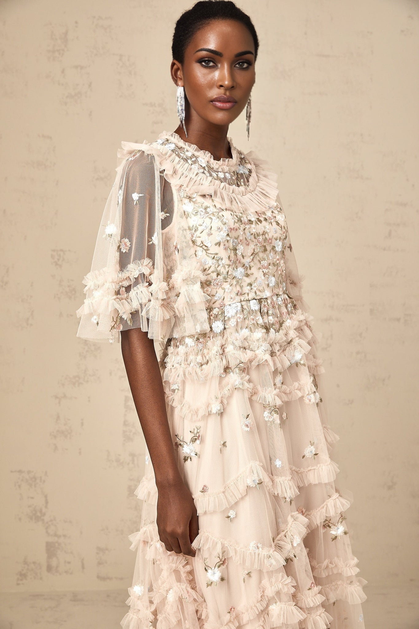 Kévina floralembroidered tiered ruffled midi dress