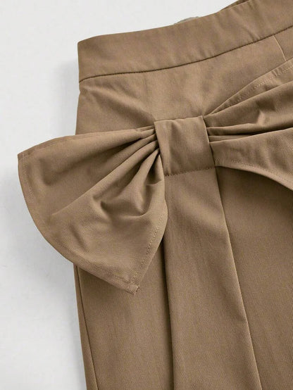 Khaki 3D Big Bow And Skirt Patch TrousersFall Clothes ClothesAsymmetrical Pants