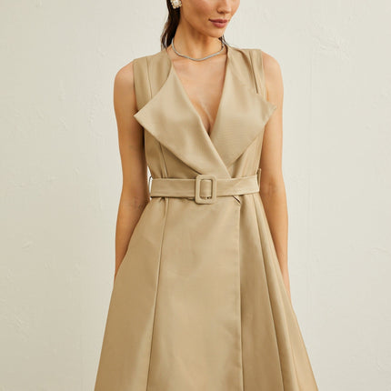 Khaki belted midi dress with V-neck and pleated flared skirt, wide lapels, and sleeveless design