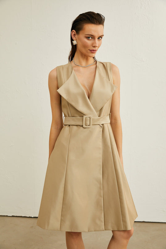 Khaki belted midi dress with V-neck and pleated flared skirt, wide lapels, and sleeveless design