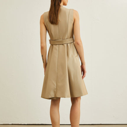 Khaki Belted Midi Dress V-Neck Pleated Flared Skirt Wide Lapels Sleeveless Waist Cinched Pleat Detailing Rear Zip Fastening Timeless Allure Midi Length 75% Polyester 25% Viscose