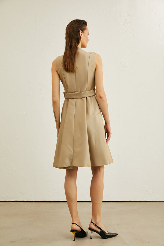 Khaki Belted Midi Dress V-Neck Pleated Flared Skirt Wide Lapels Sleeveless Waist Cinched Pleat Detailing Rear Zip Fastening Timeless Allure Midi Length 75% Polyester 25% Viscose