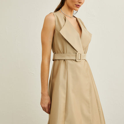 Khaki belted midi dress with V-neck and pleated flared skirt