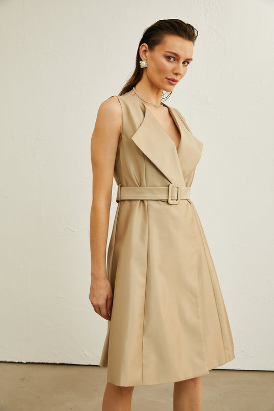 Khaki belted midi dress with V-neck and pleated flared skirt