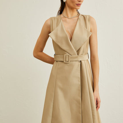 Khaki belted midi dress with V-neck, pleated flared skirt, wide lapels, and sleeveless design