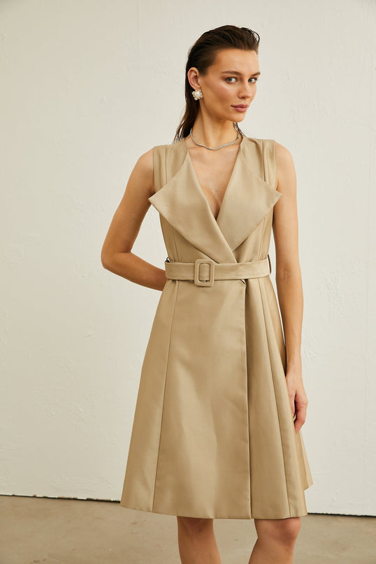 Khaki belted midi dress with V-neck, pleated flared skirt, wide lapels, and sleeveless design