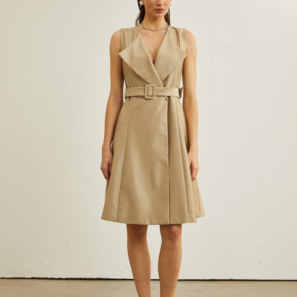 Khaki belted midi dress with V-neck, pleated flared skirt, wide lapels, and sleeveless design