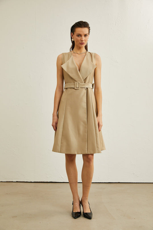 Khaki belted midi dress with V-neck, pleated flared skirt, wide lapels, and sleeveless design