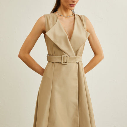 Khaki belted midi dress with V-neck, pleated flared skirt, wide lapels, and sleeveless design