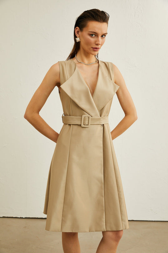 Khaki belted midi dress with V-neck, pleated flared skirt, wide lapels, and sleeveless design