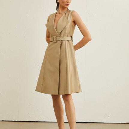 Khaki belted midi dress with V-neck, pleated flared skirt, wide lapels, and sleeveless design