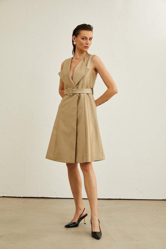 Khaki belted midi dress with V-neck, pleated flared skirt, wide lapels, and sleeveless design