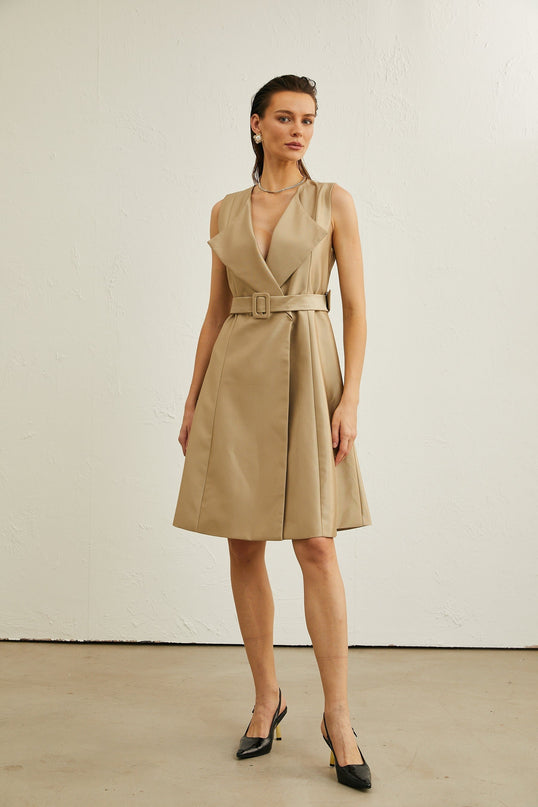Khaki belted midi dress with V-neck, pleated flared skirt, wide lapels, and sleeveless design