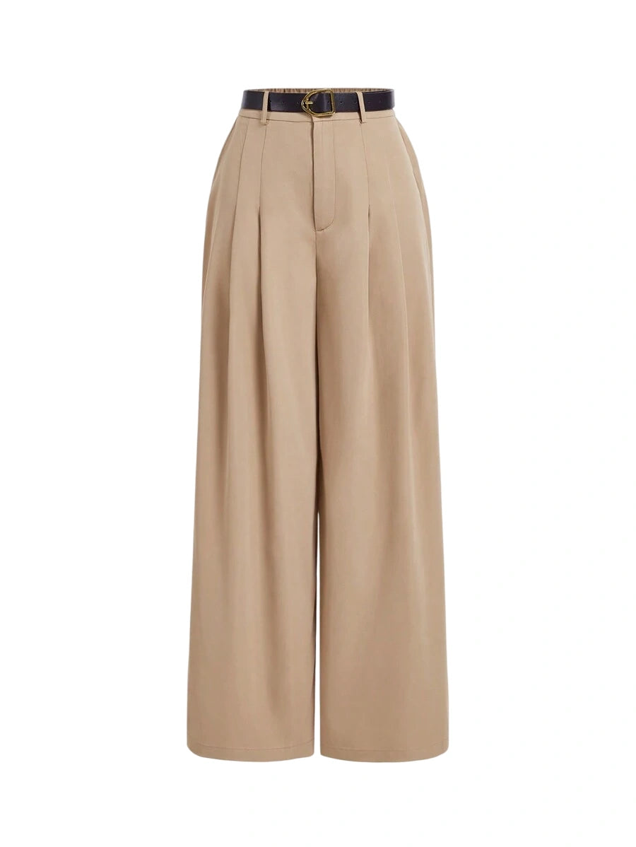 Khaki Belted Wide Leg Trousers For Women With Pleats Casual And Loose For CommutingFree Leash