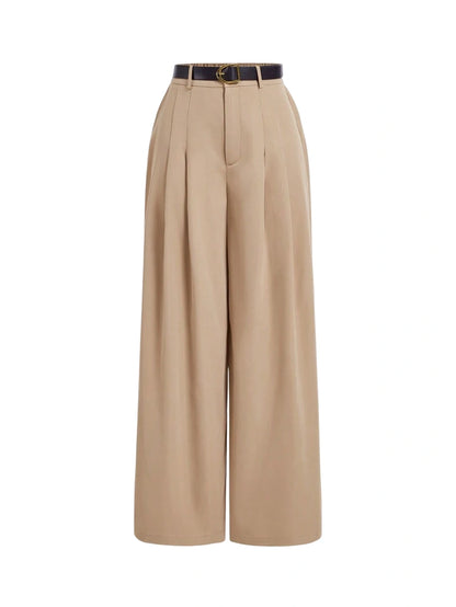 Khaki Belted Wide Leg Trousers For Women With Pleats Casual And Loose For CommutingFree Leash